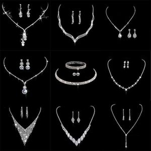 Wedding Jewelry Sets Fashion crystal bride jewelry set rhinestone silver plated wedding dress banquet necklace earring womens gift