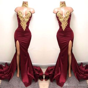 Sexy Arabic Burgundy Prom Dresses Evening High Neck Gold Lace Appliqued Sleeveless Mermaid Front Split Elegant Formal Party Gowns 210w