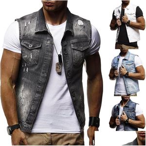 Coletes masculinos homens jeans de jeans de jeans sem mangas casuais cistas de cistas jean casaco rasgado slim fit jackets machotes cowboy entrega de gotas ap dhukf