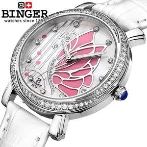 Szwajcarskie binger zegarki damskie moda luksusowy zegarek skórzany pasek kwarcowy kwarcowo-Diamentowe zegarek B-3019L 216L
