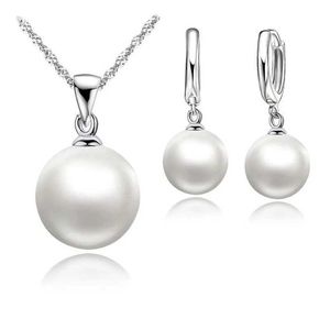 Hochzeitsschmuck Sets glatte Frauen Set 925 Sterling Silber Perlenkette Ringe Ohrringe Modebehörungen Accessoires