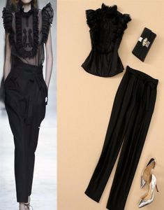 European and American high quality two piece pants Embroidered top with wood ears trousers suit337i7137506