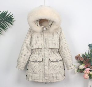 Oftbuy 2021新しい冬用ジャケット女性本物の自然キツネの毛皮襟フード付き90白いアヒルダウン格子縞のコート厚い温かいルーズアウター1744564