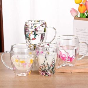 Wine Glasses Floral Dry Flowers Cup Heat Resistant High Borosilicate Glass Double Wall INS Trends Simple Espresso Milk Mug
