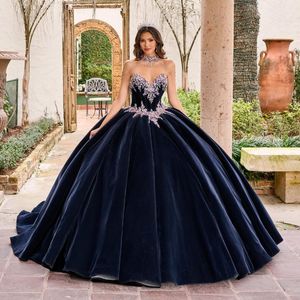 Navy Blue Princess Quinceanera Dresses Off The Shoulder Beads Crystal Chapel Train Charro Prom Sweet 16 vestidos de xv anos 2024