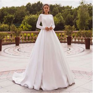 Elegante Satin -Brautkleider Langarm Langarm Spitzenbraut Kleid Muslim Hochzeitskleid bedeckt Rücken Vestido de Novia 2021 275J