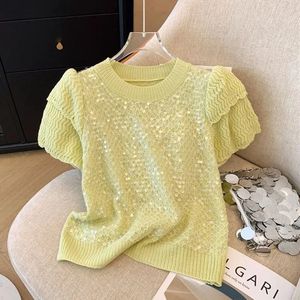 Fashion Sequin Short Sleeve Stick T Shirt Female Korean Loose O Neck Knitwear Tops Vintage French Women Tees 240517