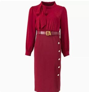round Neck Bowknot Decorative LongSleeved Laceup Waist Sheath Button Split Business Dress 2021 Autumn New3710160