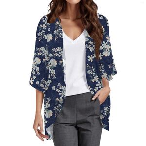 Kvinnors blusar Floral tryckt tre kvart ärm Loose Blus Fashion Cardigan Shirt Top Wrap Silk