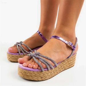 Espadrilles sandali in pelle scamosciata sandals sandali annodati di strass viola zeppe di rinestone rafia fibbia scarpe estate in pelle per donne 367 d 0a9b