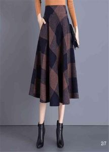 Vintage plus size 4xl lã midi esquetes mulheres elegantes saia xadrez de inverno de outono gelo fashion moda saias wool prássos de lã 2103255361643