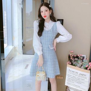 Abiti casual Pretty Blue Tweed Dress Women's Elegant's Luxury 2024 Autunno e inverno Frittale Slim Boll Collar Splic Plaid Splic Plaid