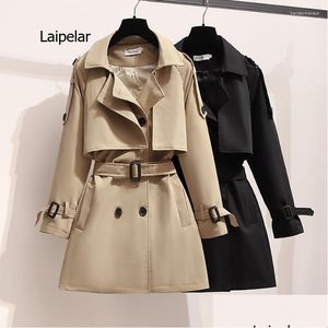 Kvinnors trenchockar Autumn Women Short Coat Double Breasted Belt Casual British Wind Loose Overcoat Drop Delivery Apparel Clothing Ou DHQBO