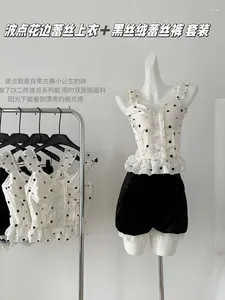 Women's Tracksuits American Style Fashion Outfits 2 Piece Shorts Sets Sweet Polka Dot Lace Halter Top Women Elegant Sexy Slim Zipper Pants