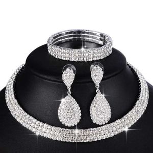 Wedding Jewelry Sets 3 Deluxe Bridal Set Womens Necklace Bracelet Australian Crystal Long Earring Elastic 11.11 for sale