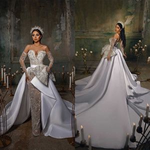 Glamorous Mermaid Wedding Dresses Off Shoulder Long Sleeves Pleats Bridal Gowns Backless Lace Custom Made Plus Size
