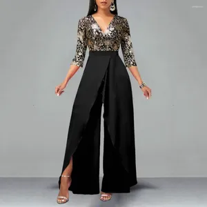 Frauen sexy Overalls -Pailletten volle Ärmel gegen Nackenspitze Rompers Midi Taille Hosen Ein Stück Overalls Feste gerade Hose