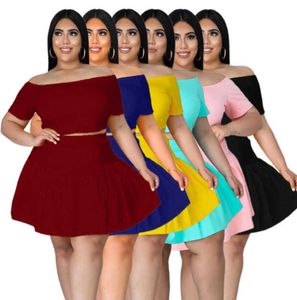 Plus Size Women Dress Set Sexy Solid Short Sleeve Pleated Skirt Large Two Piece Set XL5XL8939662