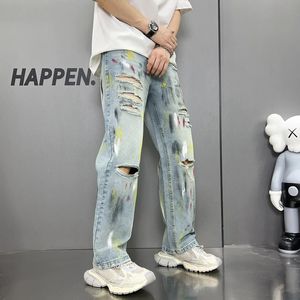 Street hiphop personality graffiti spray paint color jeans mens loose straight wide leg casual retro highend washed pants 240508