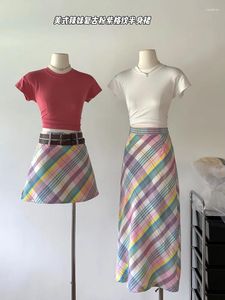 Etekler harajuku gökkuşağı ekose kadın usul tarzı tüm maç sıradan öğrenciler yüksek bel tatlı a-line vintage Kore moda