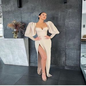 New Vintage Champagne Puff Long Sleeves Evening Dresses Side Slit Sweetheart Chiffon Satin 2021 Modern Formal Party Gown 261o