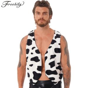 Mens Cow Print Vest Halloween Festival Cosplay Party Fancy Dress Up com o colete aberto da cintura aberta do colete