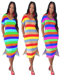 カジュアルな女性のドレスルーズストライププリントスプリットドレスファッションプラスサイズの洗えるアウトウェア5106811
