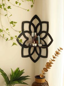 Förvaringshållare rack svart blomma trähylla väggmonterad hörn kristall sten display stativ hyllor dekor rum dekor estetik h240516