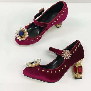 Senhoras 2024 Mulheres Sapatos de vestido de couro reais genuínos São saltos altos sandálias de verão redondo festa de casamento sexy fivela strap bead Mary Jane tamanho 1f6e