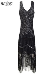 Mulheres Vestido Robe Femme 1920s Great Gatsby Flapper Lantejão Midi Dress Vestido Summer Art Deco Retro Black Dress Y1901179382393