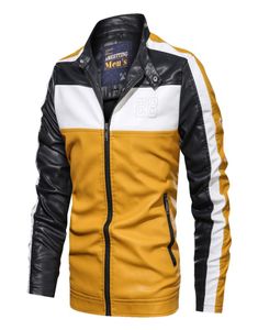 Men039S Jackets de couro PU Impressão listrada Punk Motorcycle Butter Button Contrast Color Spliced Man Caats Short Slim Outerw2356042