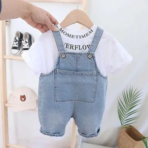 Jumpsuits Childrens outerwear solid color denim cotton jumpsuit elastic casual childrens pants for boys and girls fashionable summer childrens clothing 03Y4FRF