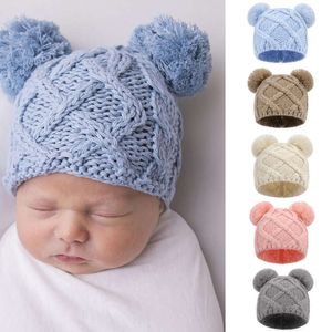 Newborn Winter Hat Crochet Solid Bear Ear Infant Bonnet Cap for Girls Boys 0-18M Kids New Pompoms Baby Beanie Autumn L2405