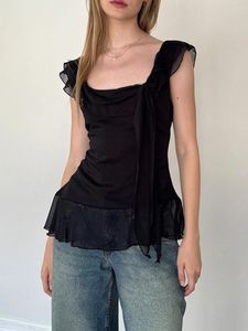 Women's Tanks Women Sheer Mesh Crop Tops Sleeveless Backless 3D Tassel Frill Shirred Camisole Slim Fit Ruffle Trim Holiday Party