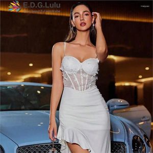 Casual Dresses EDGLuLu Strapless Butterfly Decoration Sleeveless Sexy Club Outfit For Women Backless Asymmetric Ruffled White Long Dress