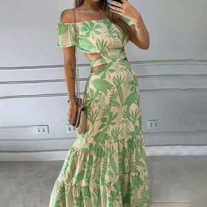 Summer 2024 Women's New Fashion Printed Style One Shoulder High Waist Hollow Ruffle Edge Dress for Women F51736