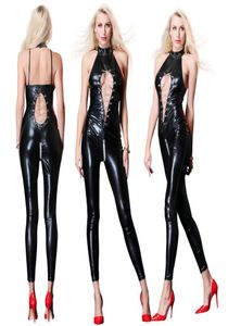 Sexy Lady Black Leather Latex Catsuits Low Cut With Zipper Open Crotch Elastic Wetlook PU Leotard Bodysuit Bar Clubwear5622587