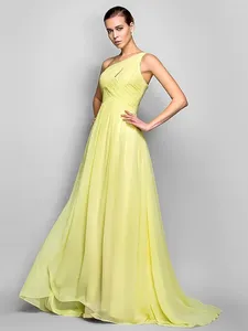 Party Dresses Vintage A-Line Yellow Chiffon Evening Dress One Shoulder Sleeveless Sweep Train Georgette With Criss Cross Pleats Prom