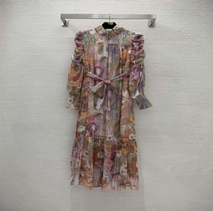 Street Style Dresses High end custom beautiful girl animal flower printed Lantern Sleeve stand collar dress3518856