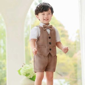 Suits School Kids Kindergarten Performance Uniform 2024 Boys Summer Vest Shirt Shorts Bowtie Photograph Suit Children Wedding Dress Y240516