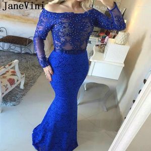 Vestidos de festa Janevini elegante azul real de manga longa noite fora do ombro pérolas de renda sem nas costas Perspectiva sexy