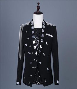 ブラックホワイトミラーチェーンタッセルジャケットスリムコートステージ衣装シンガージャケットブレザーアウターパフォーマンスタキシード男性ホストFashio748572