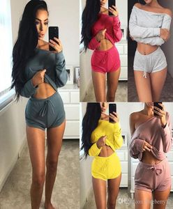 Nya modekvinnor Twopiece Casual Clothing Set Crop Top Shorts Summer Clothes Outfits With 4 Colors Asian Size9549972