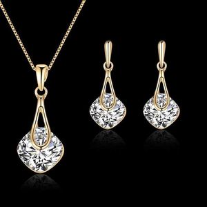 Wedding Jewelry Sets Fashion Womens Droplet Pendant Square Water Diamond Earrings Necklace Set