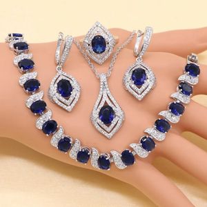 Xutaayi Ankomst 925 Silversmycken Set för kvinnor Blue Semi Halsband Pendantörhängen Ring Armband Julgåva 240506