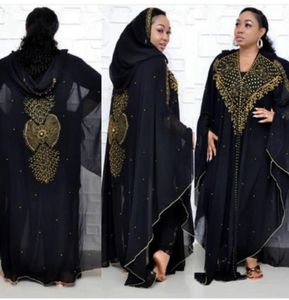 見事な女性のラインズビーズドレス長袖v nek maxiプラスサイズのフード付きマントドレスイスラム教徒の女性服p7039062289