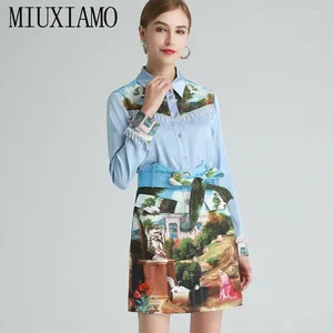 Arbeitskleider Miuximao 2024 Frühlings Sommer Langarm Blumendruck Perle Fashion Blue Bluse Verband Rock Anzug 2 Stück Set Frauen
