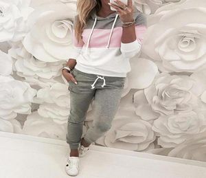 DrawString Design ColorBlock Hooded Top Pant Set Women 2 Piece Outfits Casual Autumn Tracksuits3076890