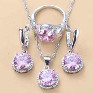 Wedding Jewelry Sets 10 Color Bride Dress 925 Silver Set Sweet Princess Round Pink Zircon 3-piece Fashion Womens Wear