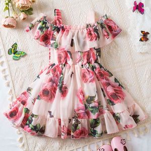 2024 Novos suspensórios para meninas vestido de impressão de garotas elegantes roupas de verão Casual Crianças Crianças Flores Tutu Princesa Vestidos L2405